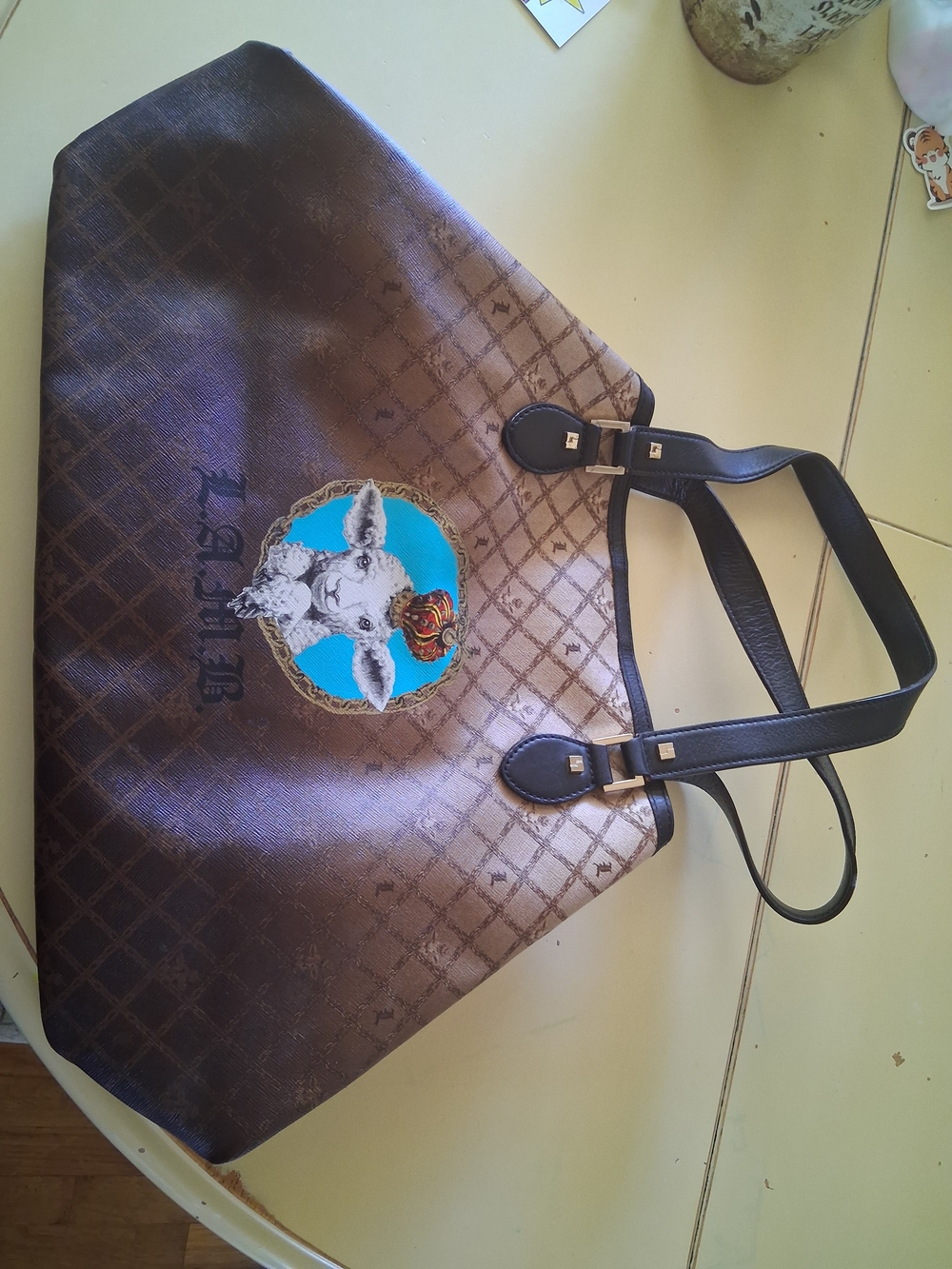 L.A.M.B. Brown Monogram Wristlet with Turquoise and White Stripe